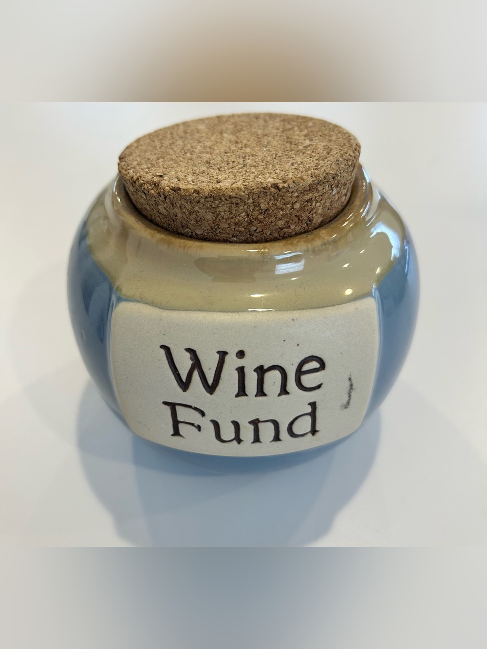 Ceramic "Wine Fund" Jar with Cork Lid - Blue and Cream